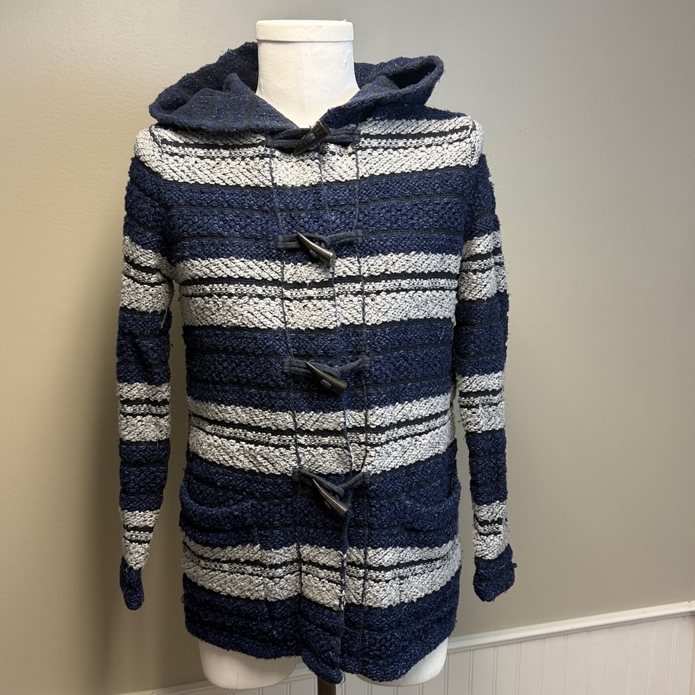 CHAPS Striped Hooded Knit Jacket Toggle Sweater Sz Small